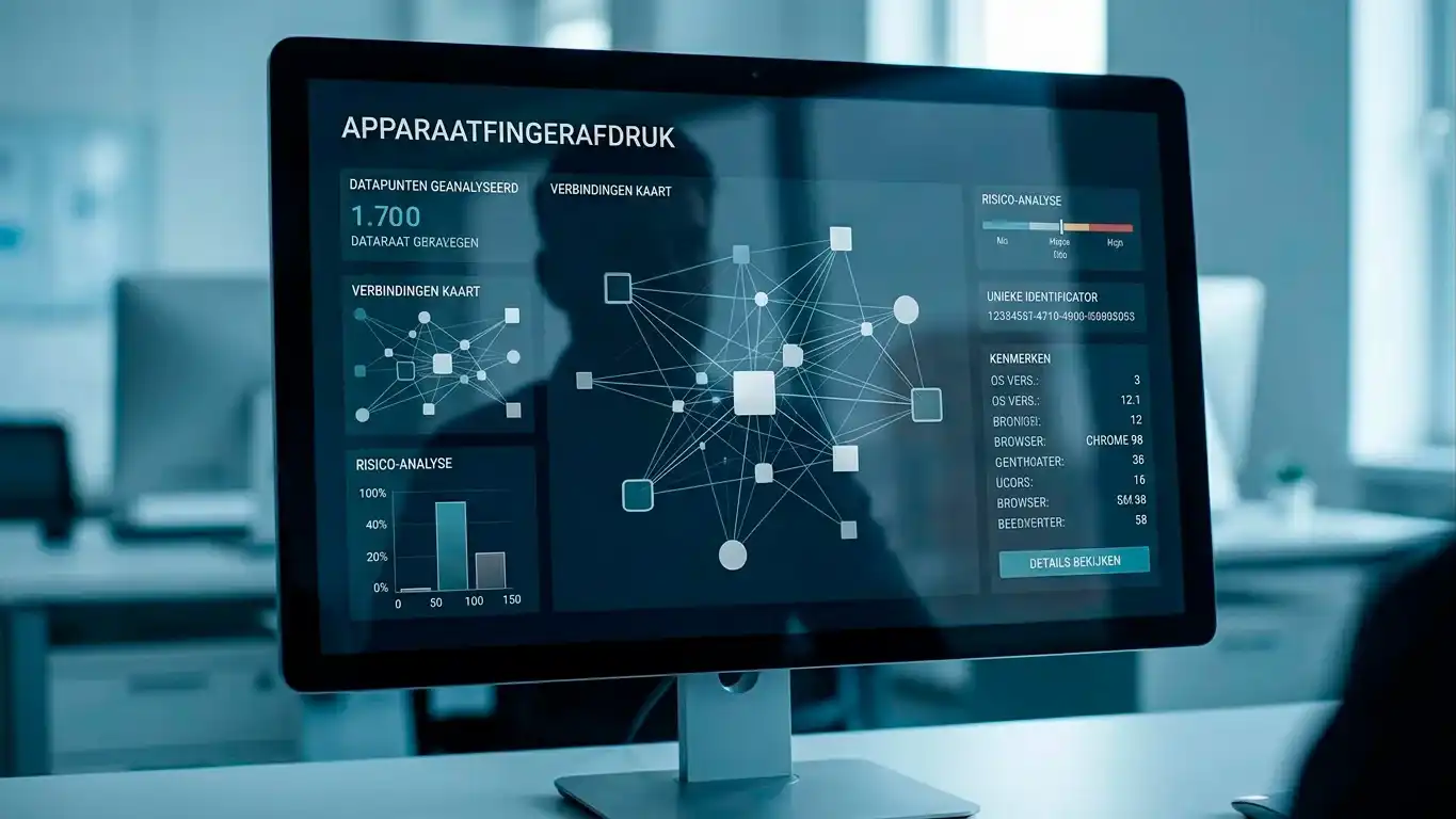 Visualisatie van apparaatherkenning op een laptopscherm met digitale vingerafdrukgrafiek