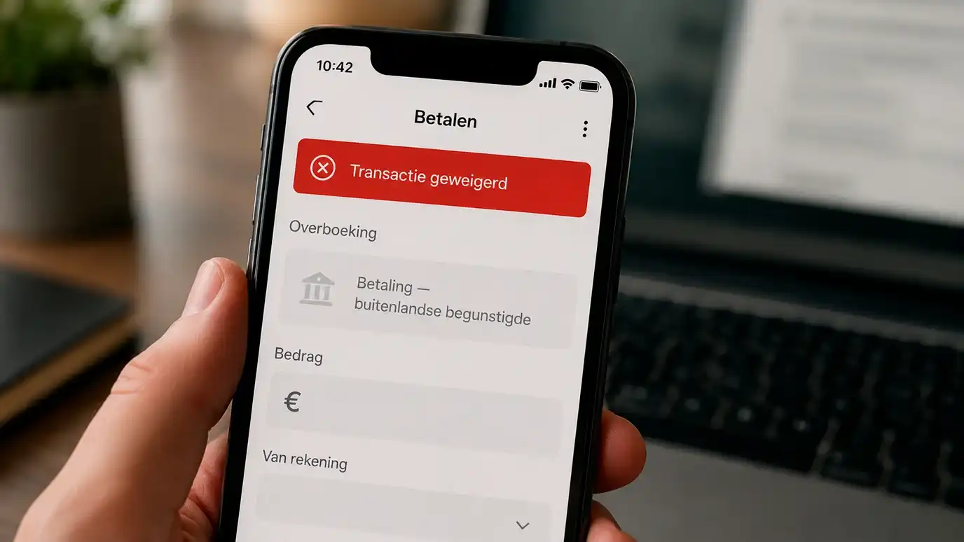 Smartphone met een Nederlandse bankapp waarop een melding 'transactie geweigerd' verschijnt boven een grijze transactieregel