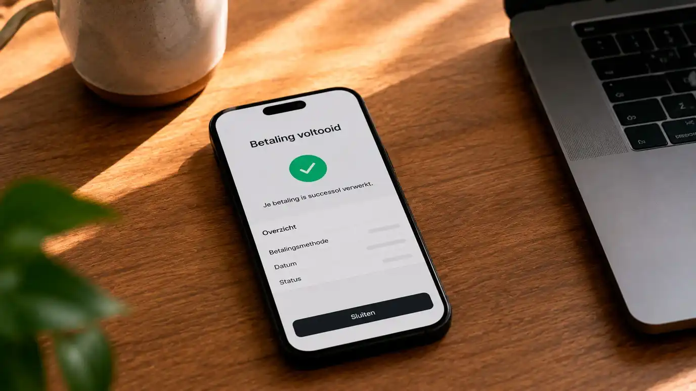 Smartphone met een veilige betaalbevestigingsmelding op een tafel naast een laptop
