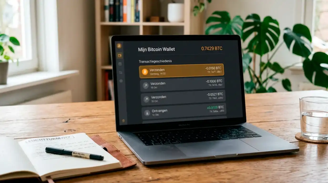 Laptopscherm met een Bitcoin wallet-interface dat een transactiehistorie en een uitgaande betaling toont
