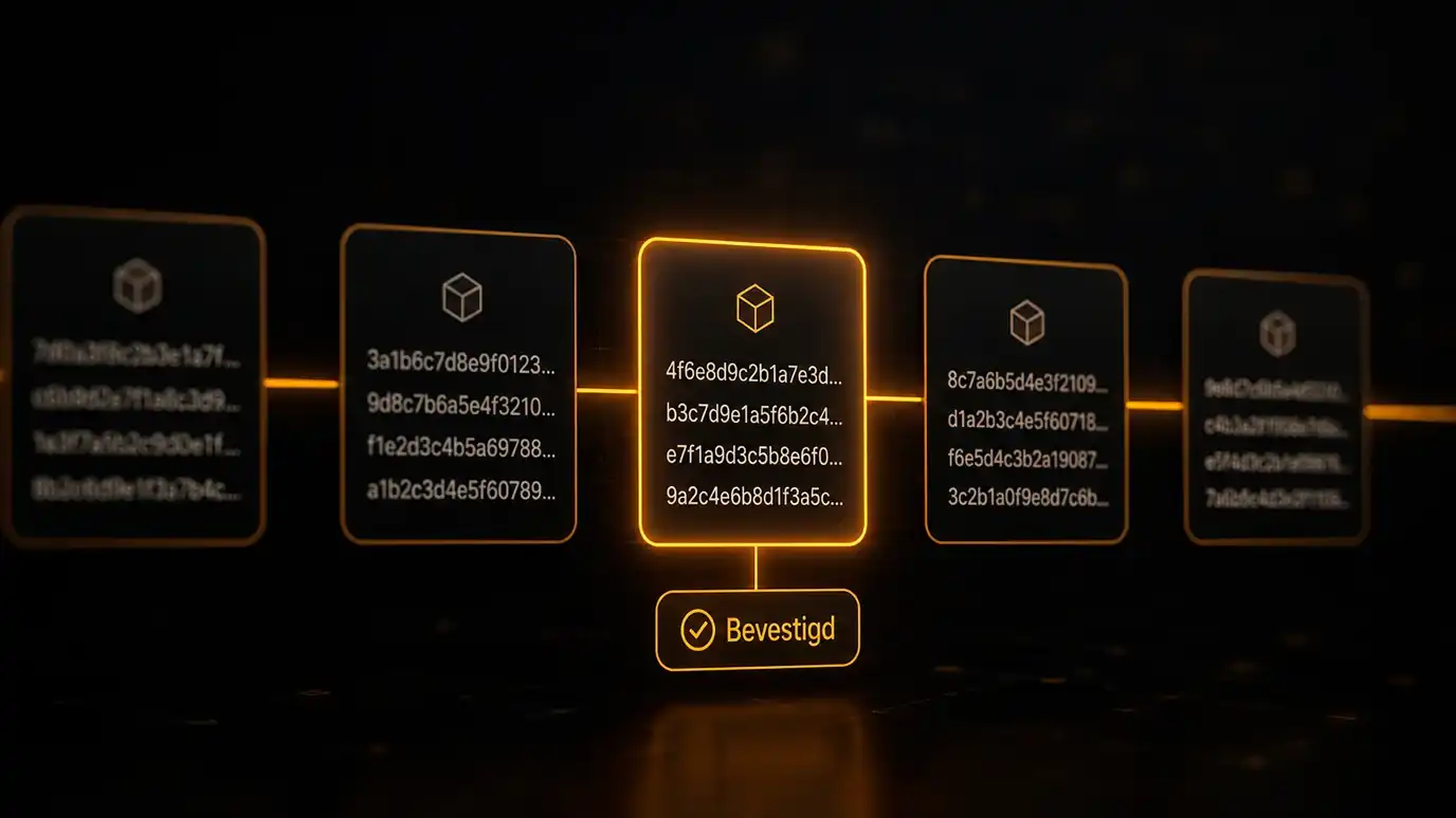Schematische visualisatie van een keten met blokken die een onomkeerbare crypto-transactie symboliseren op een donker scherm