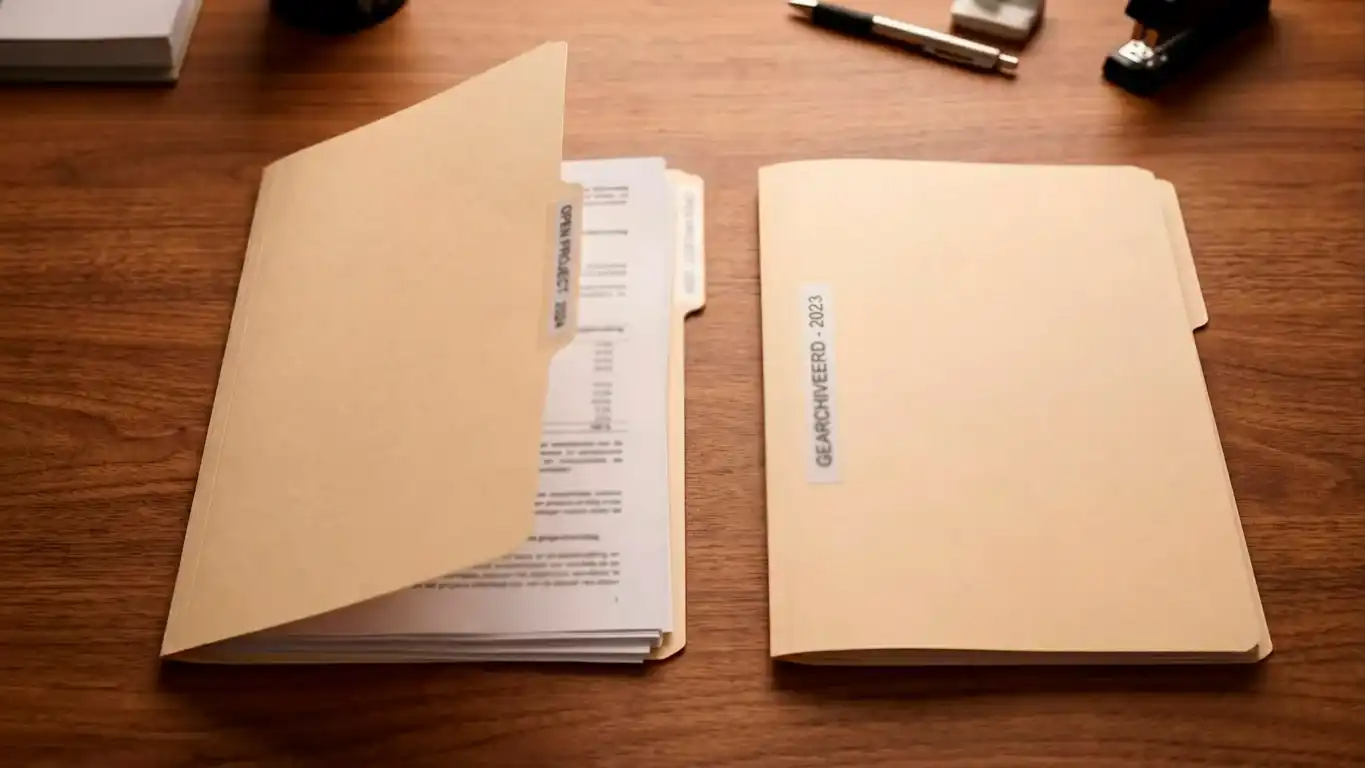 Twee documentmappen naast elkaar op een bureau die een bonus-rijke versus bonusvrije propositie symboliseren