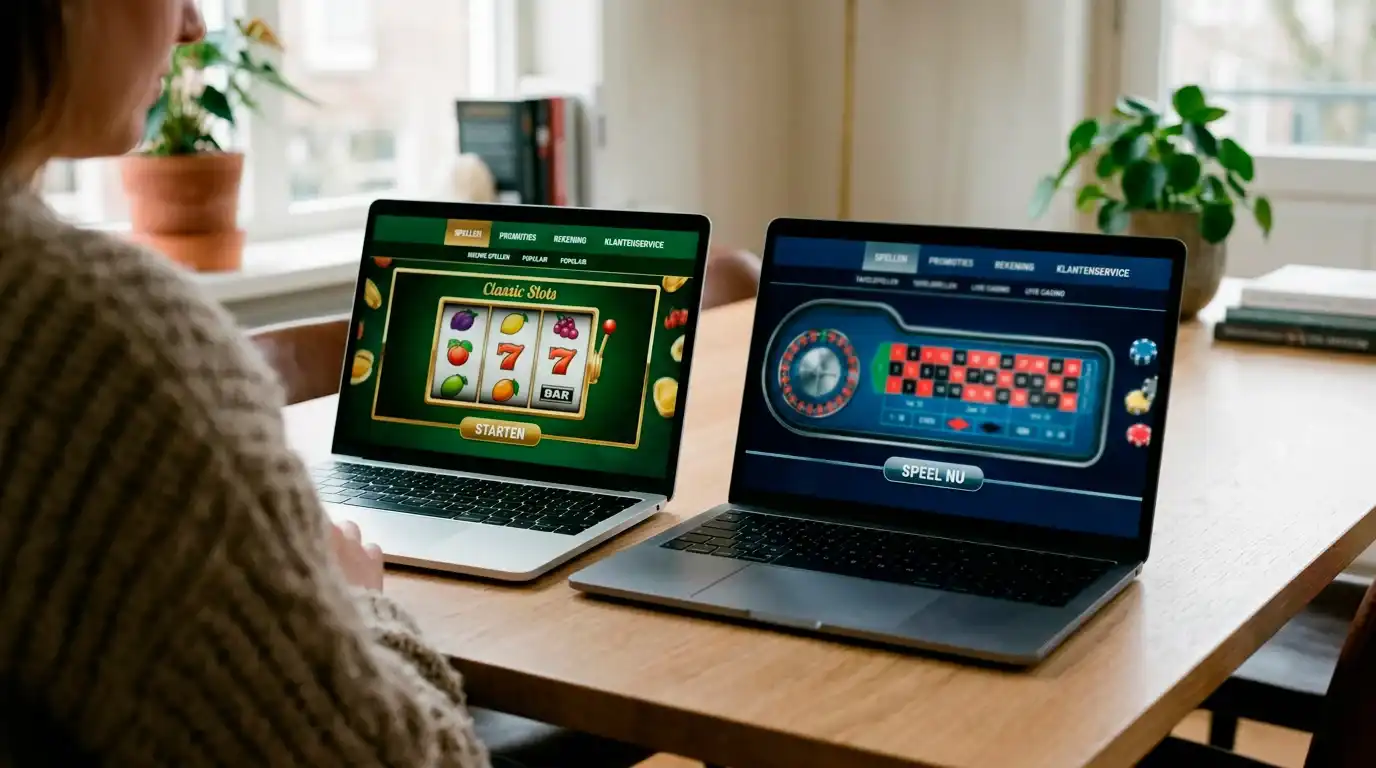 Twee schermen met verschillende casinodesigns naast elkaar die dezelfde onderliggende infrastructuur tonen