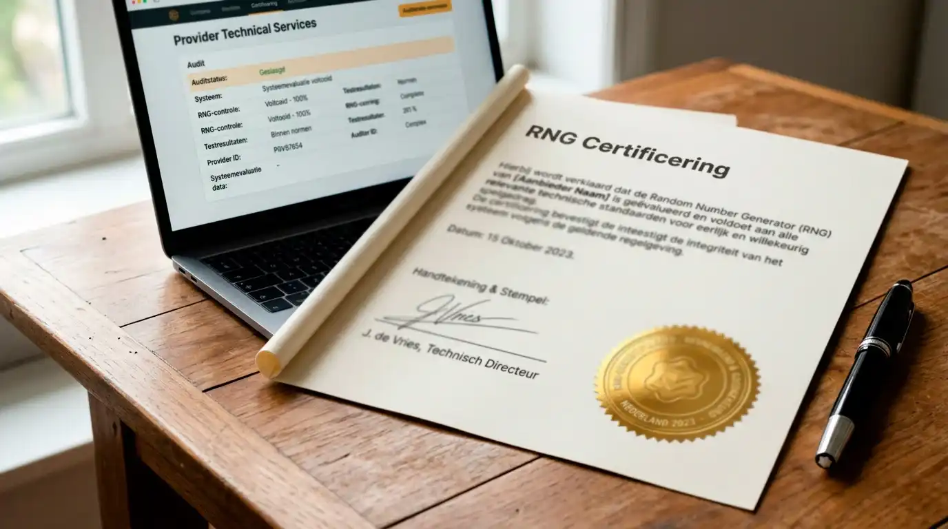 Document met certificeringsstempels van testlabs naast een laptop met een providerwebsite over RNG-audits