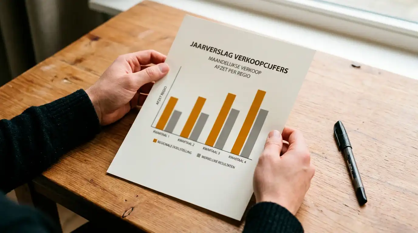 Persoon analyseert een eenvoudige staafgrafiek op papier aan een werkbureau