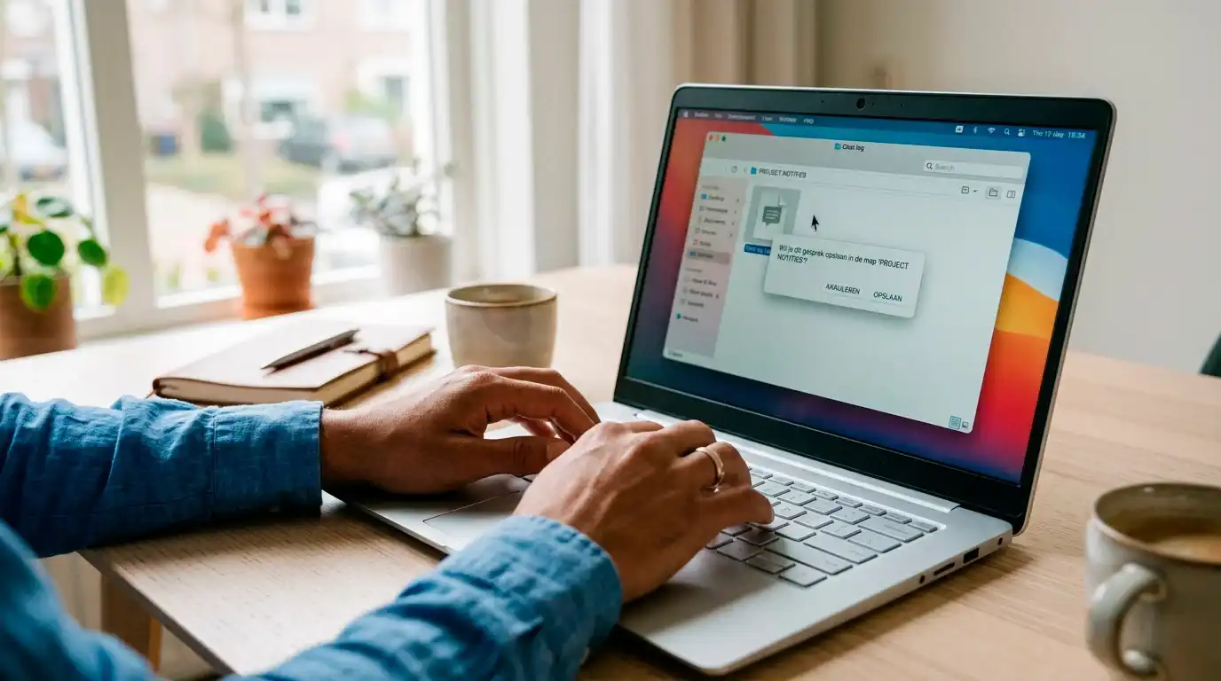 Persoon die een chat-transcript op laptop archiveert en in een mapsysteem opslaat