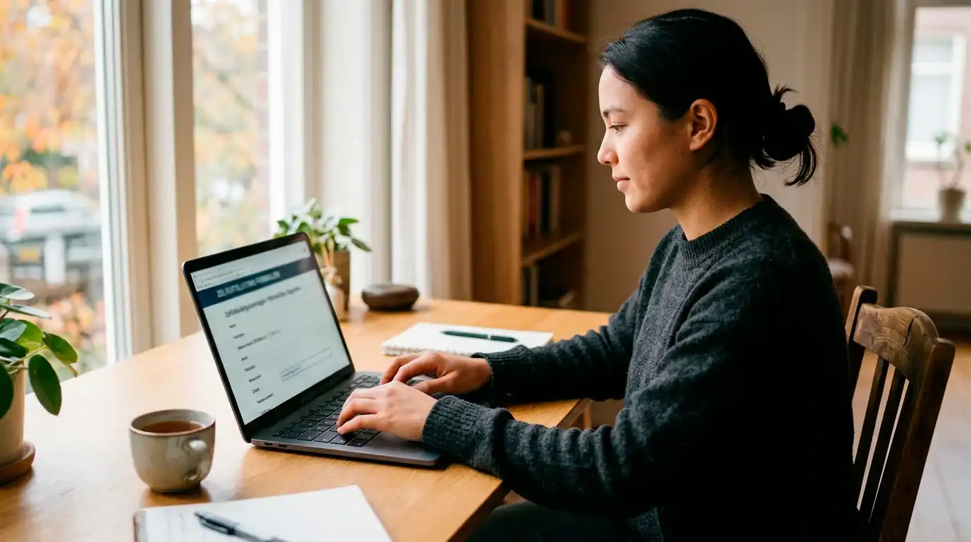 Persoon die op een laptop het CRUKS-zelfuitsluitingsformulier invult