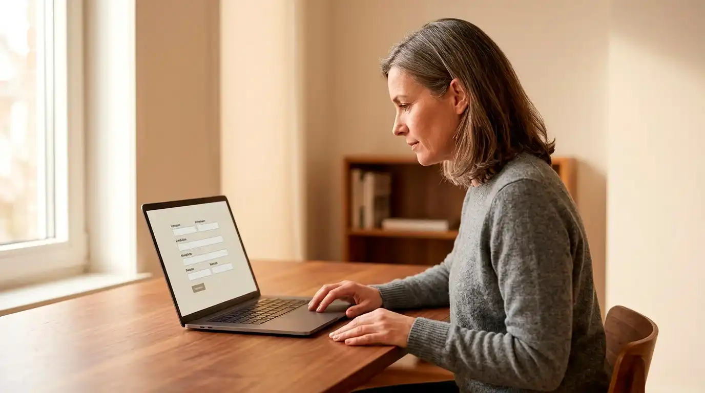 Persoon vult een formulier in op een laptop in een rustige werkruimte