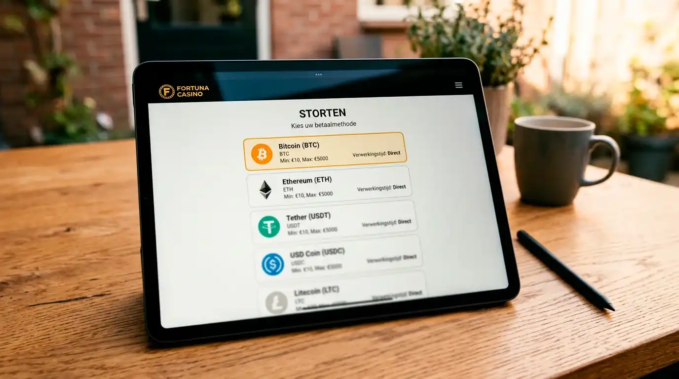 Tablet met een keuzemenu voor cryptovaluta in een casino-cashier met opties voor BTC, USDT en ETH