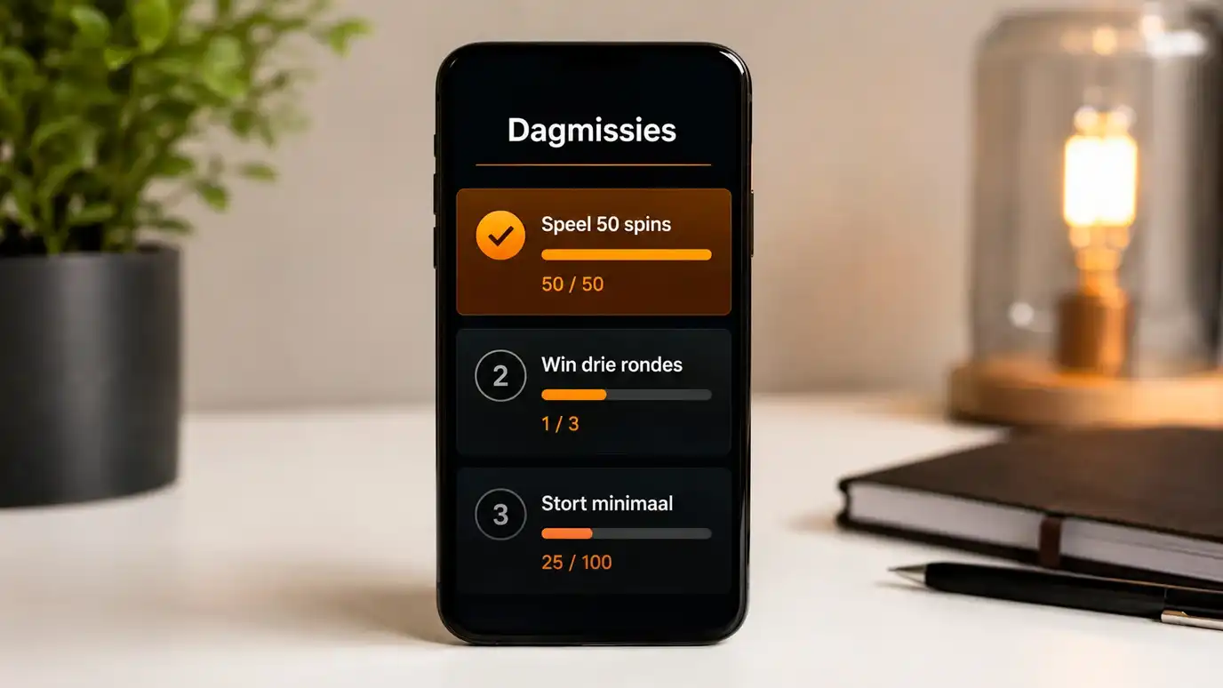 Smartphone met een takenlijst van drie dagelijkse casino-missies met voortgangsbalken en een afgevinkt item bovenaan