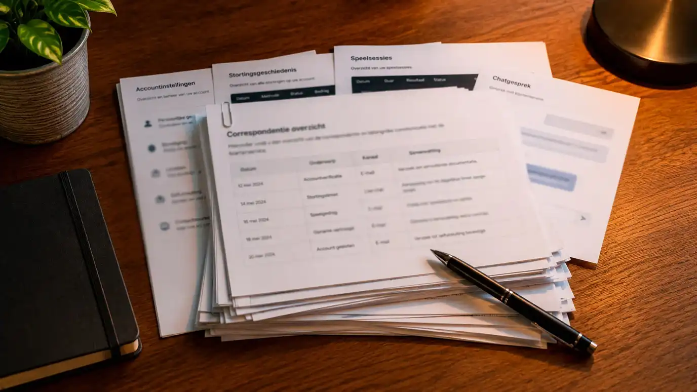 Geordende stapel correspondentie en screenshots klaar voor een formele klacht