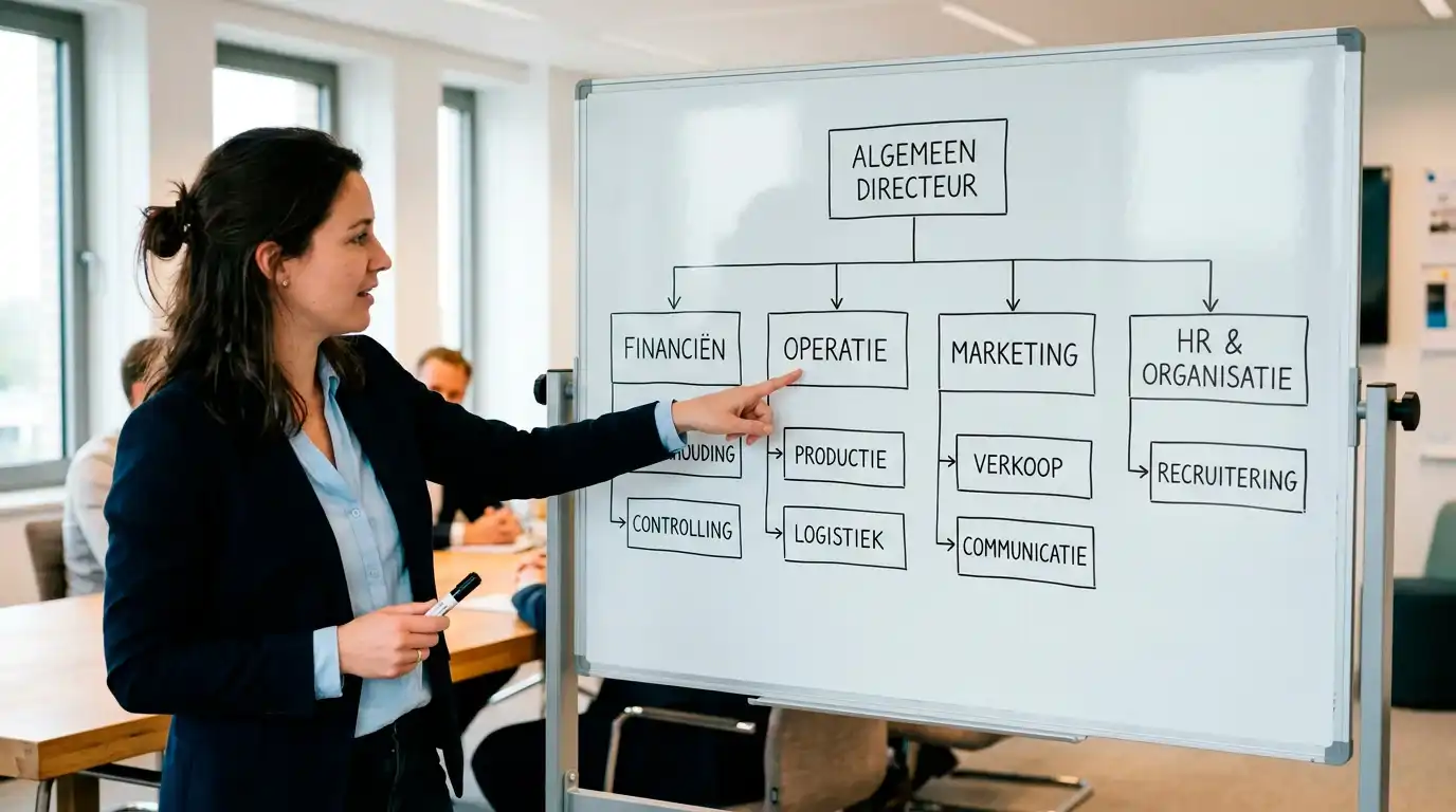 Schematische tekening van een eigendomsstructuur met meerdere entiteiten op een whiteboard
