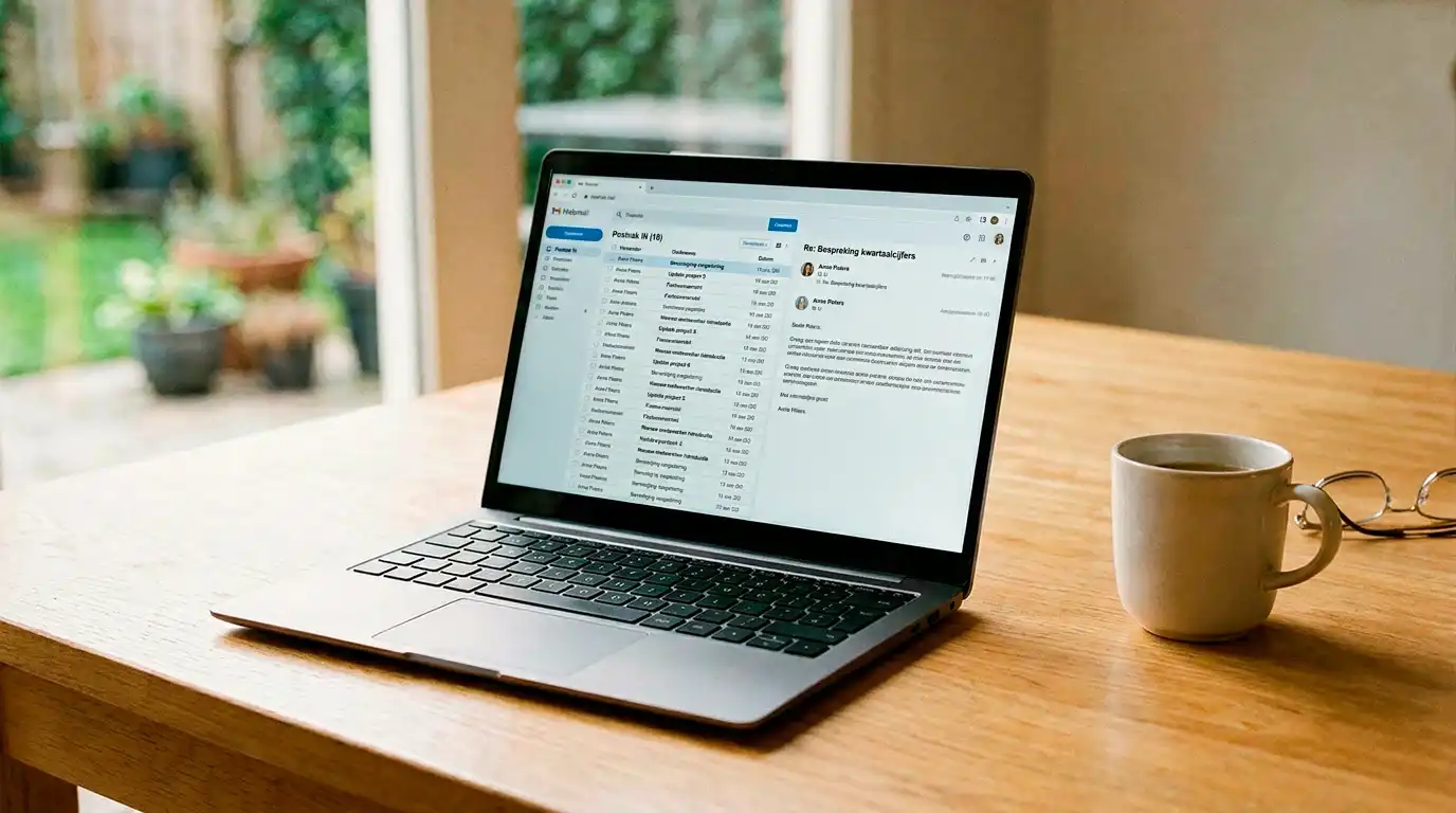 Inbox met openstaande e-mailcorrespondentie tussen speler en casino-support op een laptopscherm