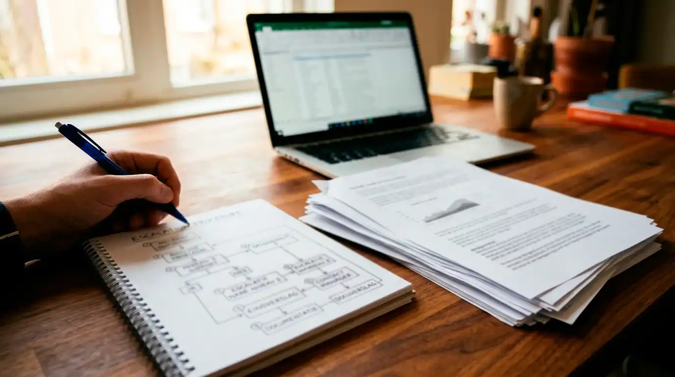 Stapel documenten en een notitieblok met een handgeschreven escalatie-procedure