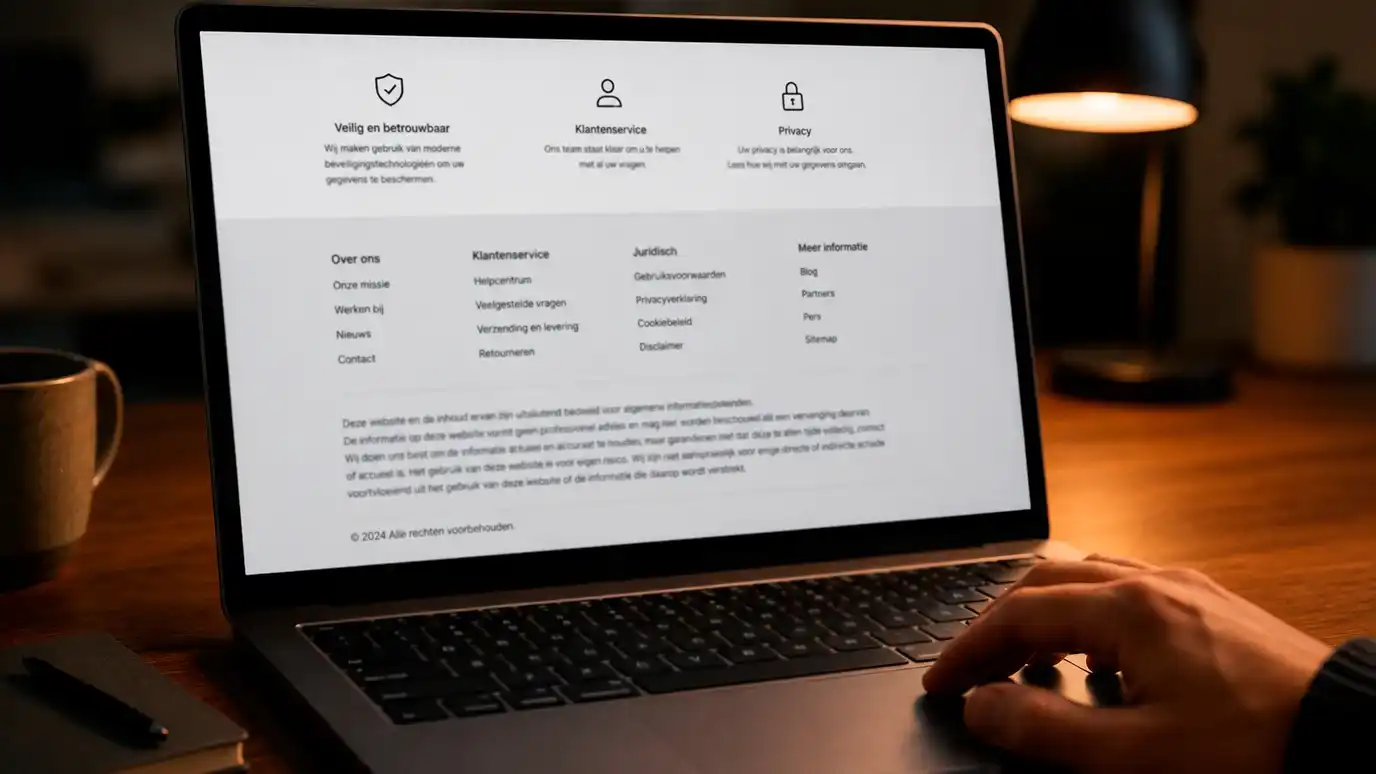 Onderkant van een websitepagina met licentienummer en exploiterende-entiteitsregel zichtbaar