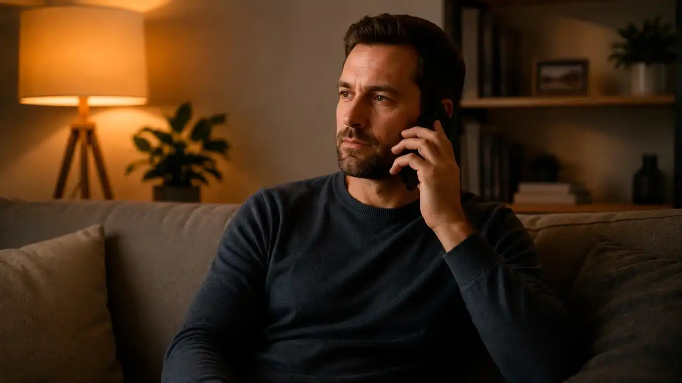 Persoon met telefoon aan het oor in een rustige huiselijke omgeving die anonieme hulp zoekt