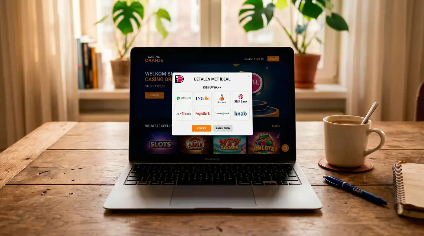 Laptopscherm met een iDEAL-betaalvenster en een banklogo-keuzeoverzicht in een online casino-omgeving