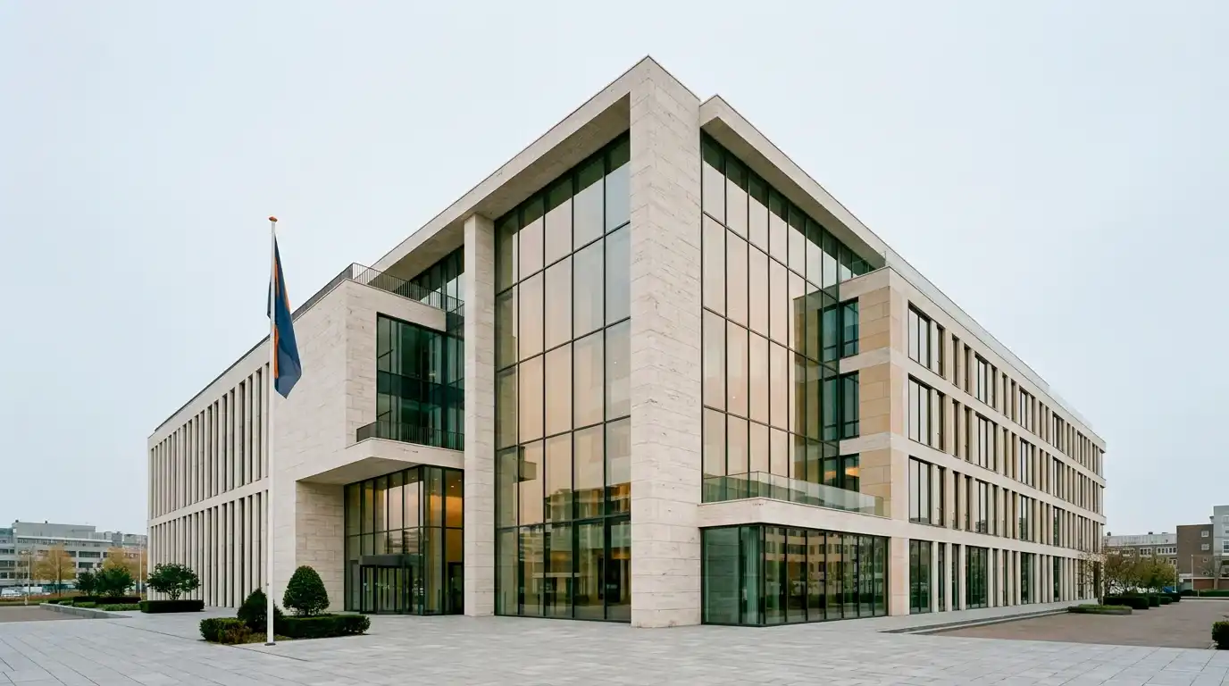 Modern Nederlands overheidsgebouw met grote glaspartijen en strakke architectuur