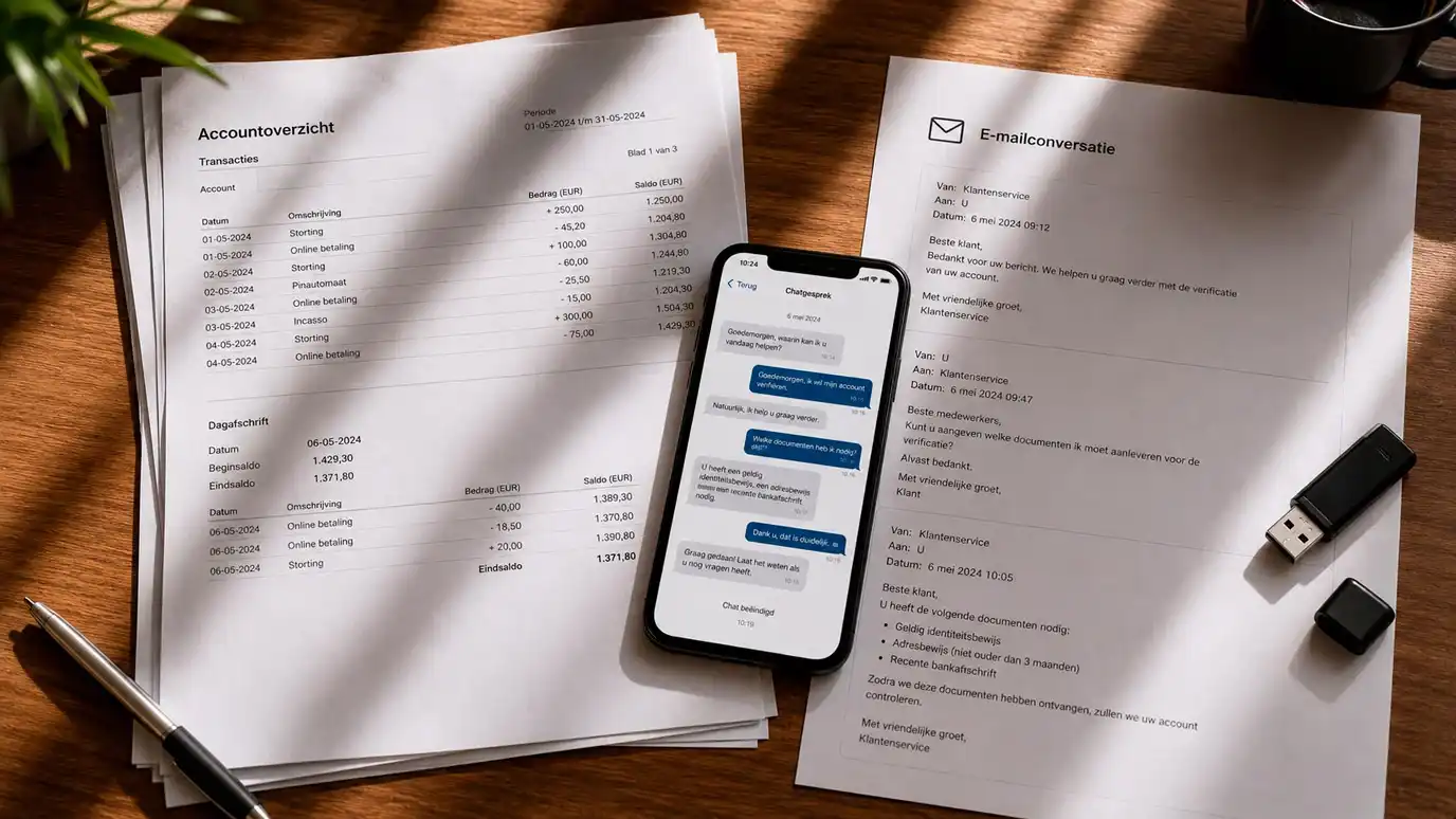 Klacht bewijsstukken accountoverzicht en correspondentie