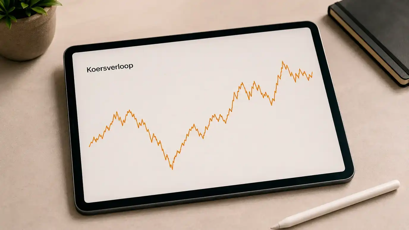 Eenvoudige lijngrafiek zonder cijfers die schommelende koersbewegingen van een cryptovaluta toont op een tabletscherm