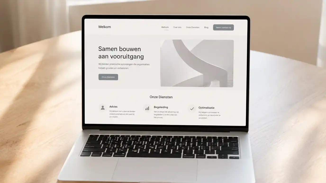 Open laptop op een schone houten tafel met een overzichtelijke webpagina