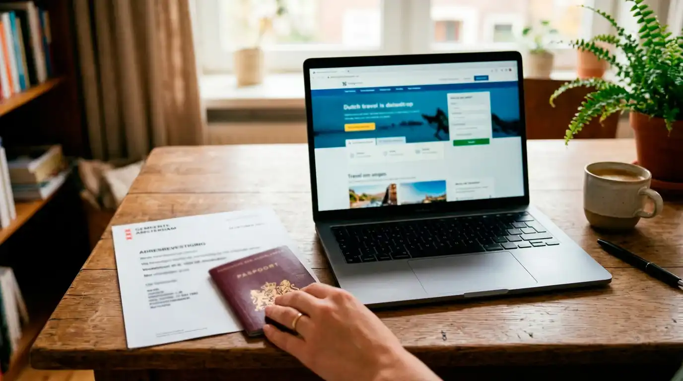 Hand legt paspoort en adresbewijs voor een laptop om KYC-verificatie te starten