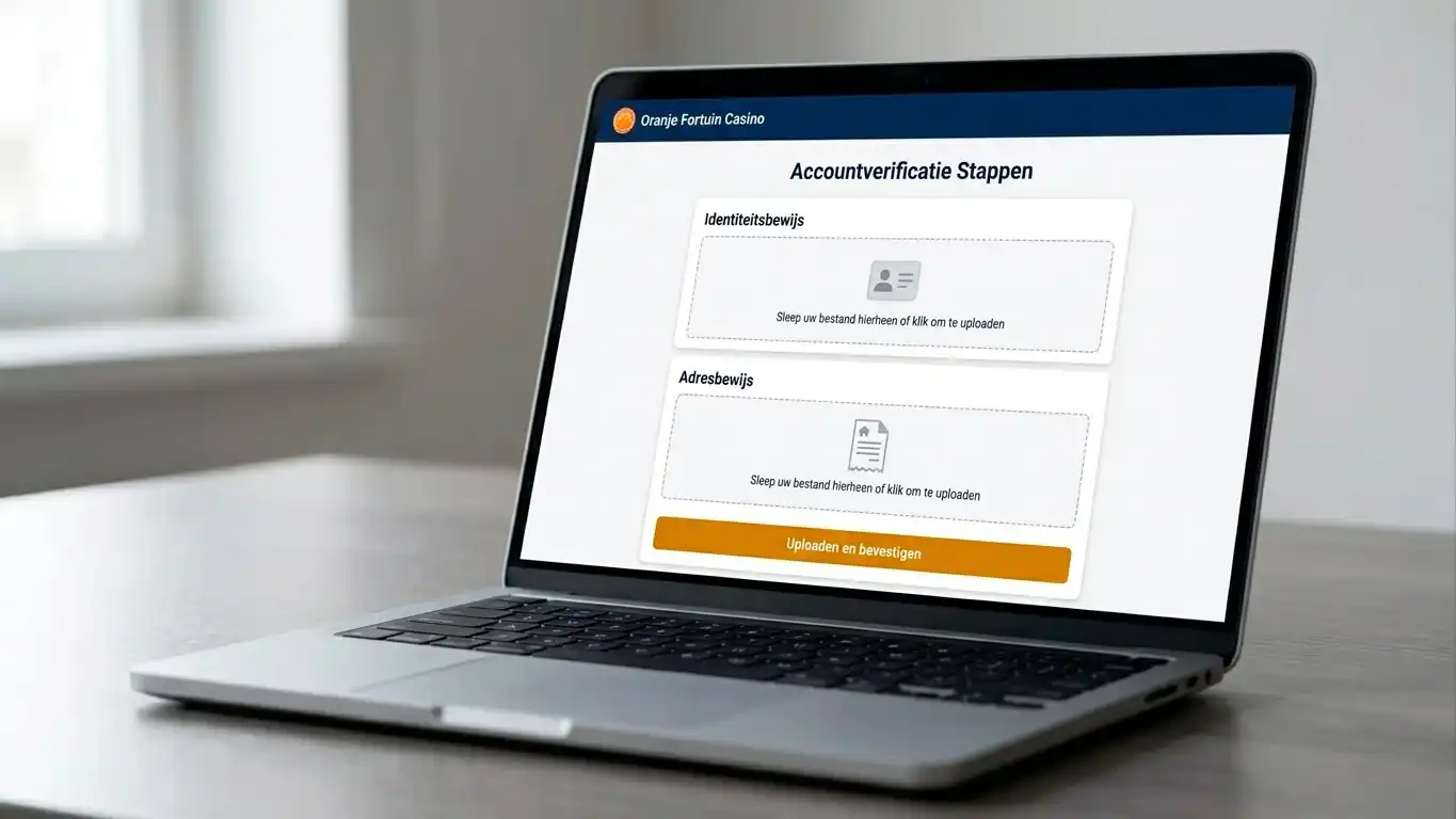 Laptopscherm met een KYC-documentenuploadportaal met velden voor een identiteitsbewijs en een adresbewijs