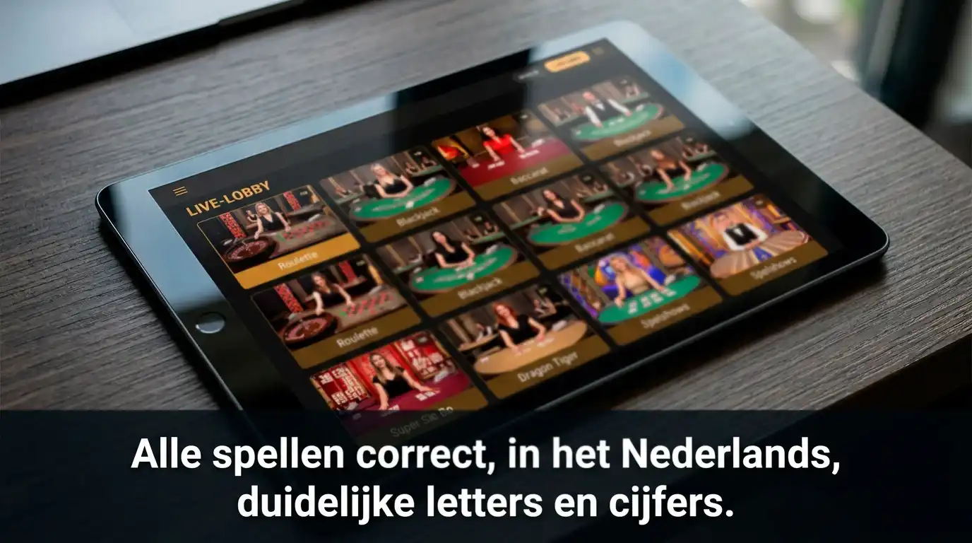 Tablet met een live-casino lobby vol thumbnails van roulette-, blackjack- en baccarat-tafels in een dark UI