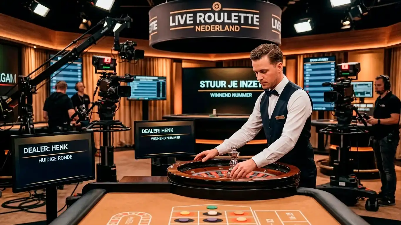 Live-casino dealer aan een rouletteopstelling in een professionele studio met cameraopstelling