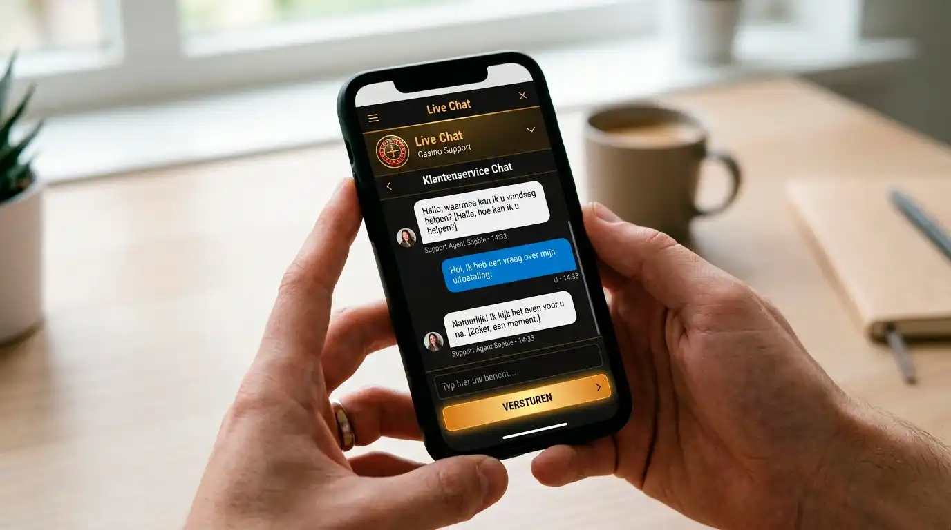 Smartphone met een actief live chat-venster van een online casino en een agent die snel reageert
