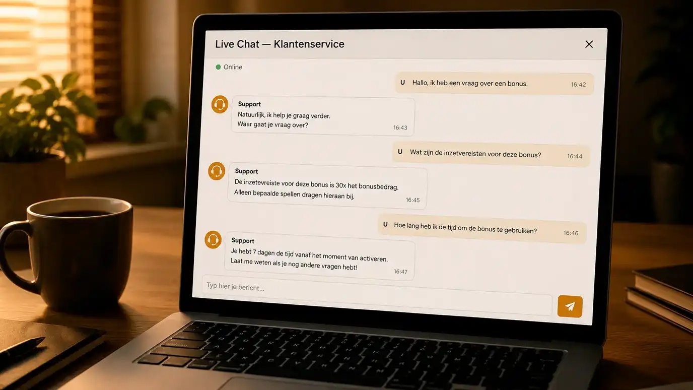 Schermafbeelding van een live-chatvenster met een supportagent van een online casino op een laptopscherm