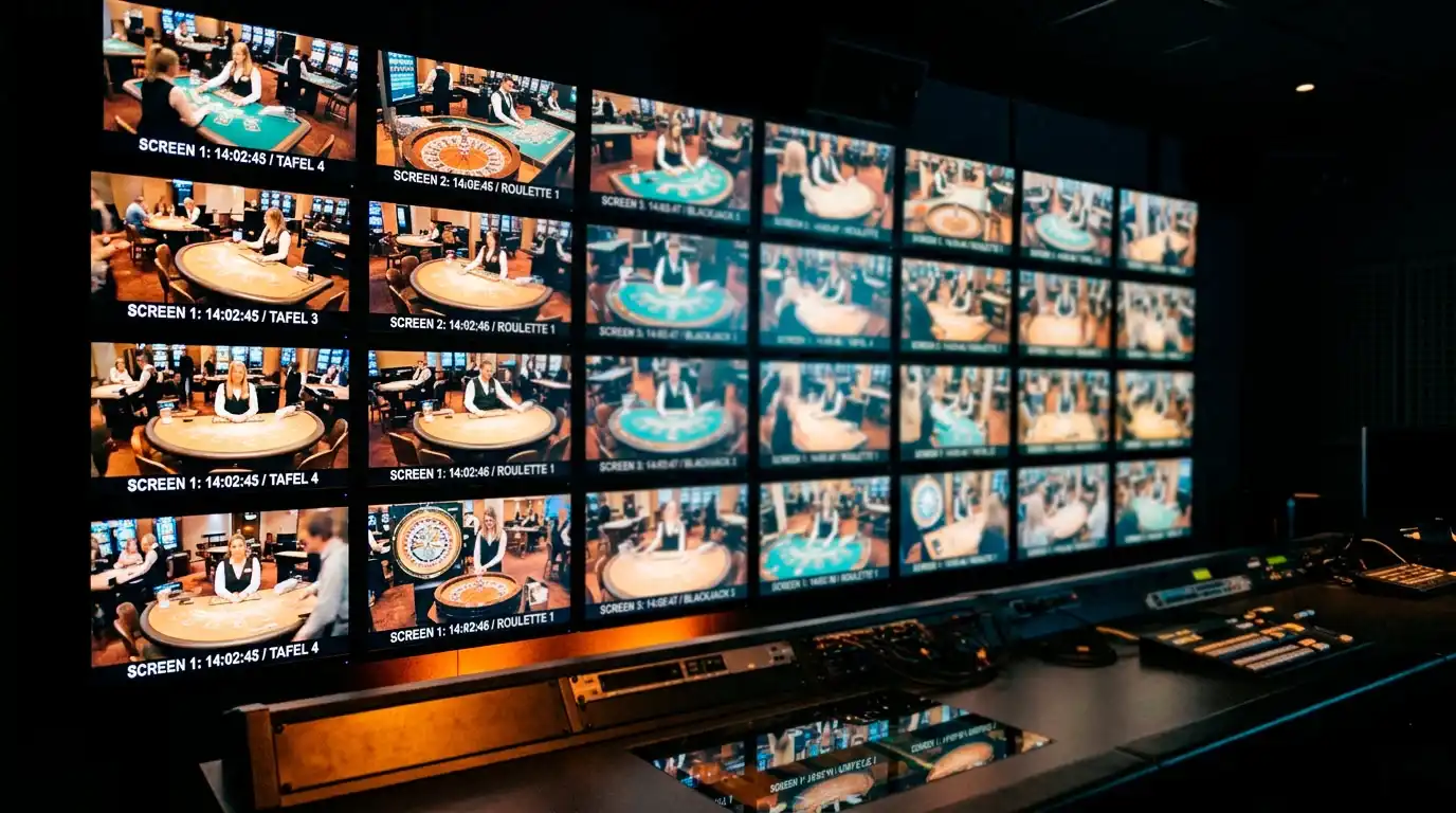Monitorenwand met meerdere live-streamopnames van casinotafels in een control room voor eerlijkheidscontrole