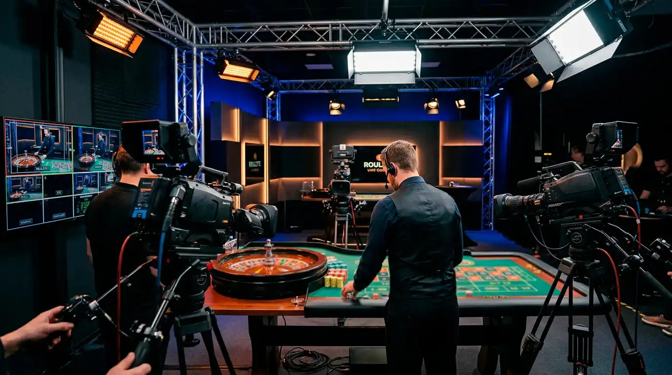 Professionele live-casinostudio met meerdere camera's, spotlights en een bemande roulettetafel op de achtergrond