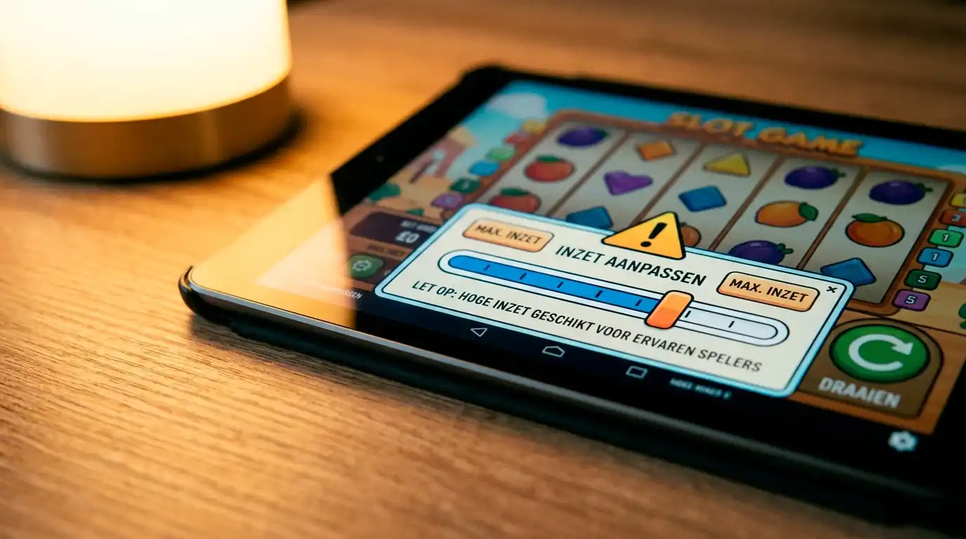 In-game inzetschuifregelaar van een online slot waarop een waarschuwingslijn voor maximale inzet zichtbaar is