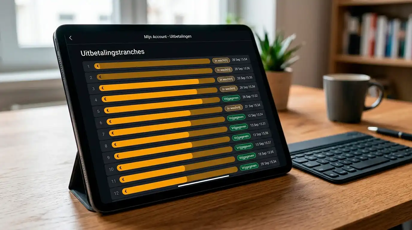 Tablet met een uitbetalingsoverzicht waarin meerdere termijnbedragen onder elkaar staan met de status 'In wachtrij'