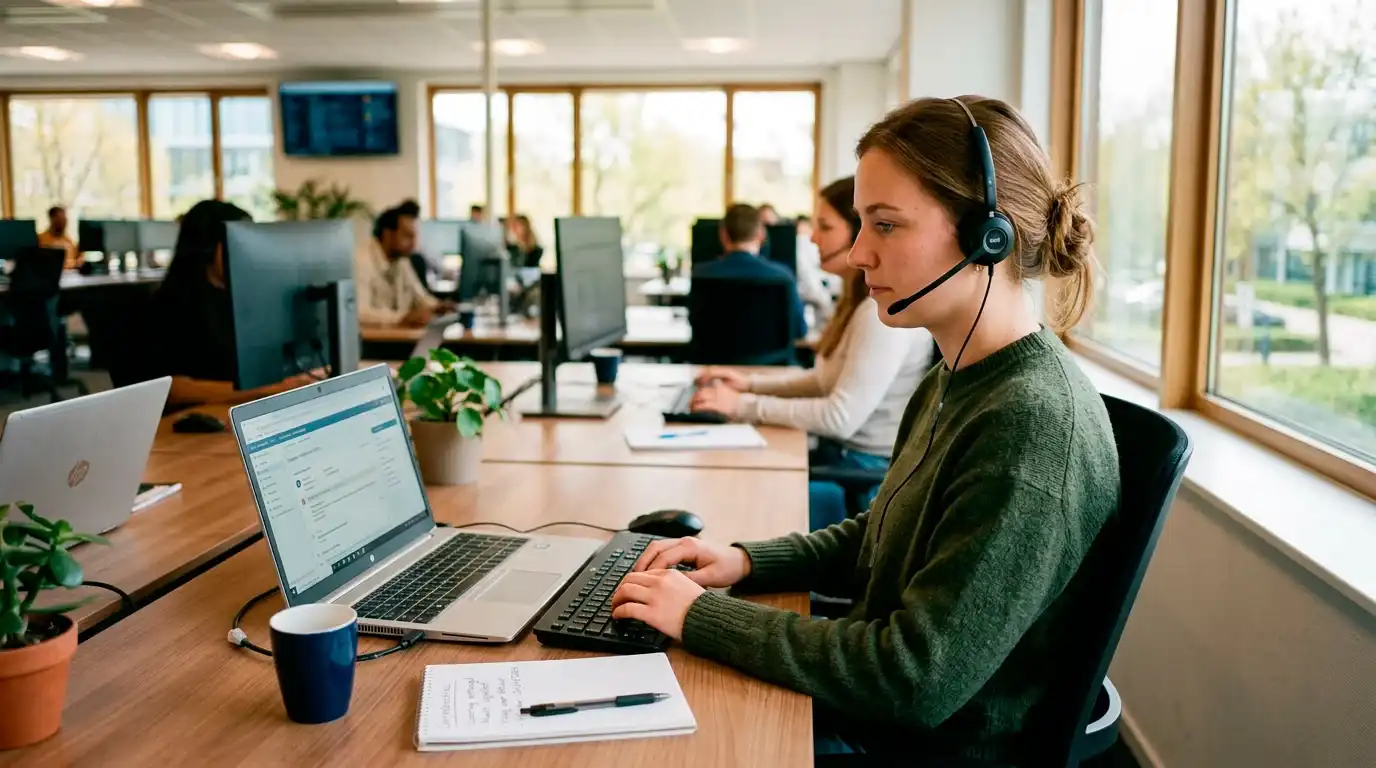 Klantenservicemedewerker met headset achter laptop in een callcenter-omgeving