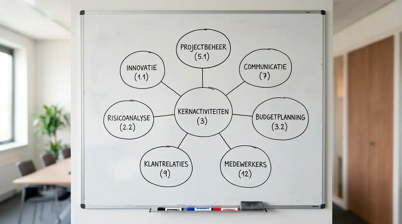 Schema op een whiteboard dat meerdere merknamen verbindt aan een centrale operator-entiteit