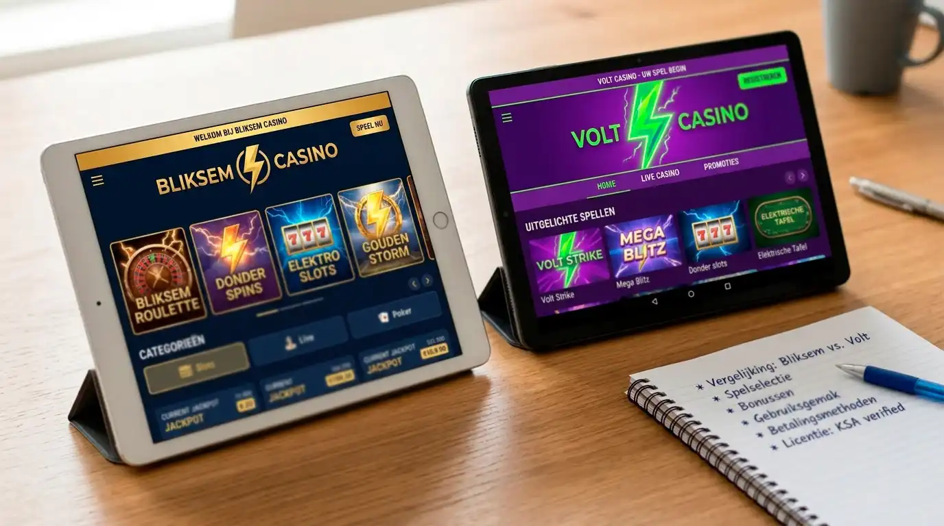 Twee tabletten naast elkaar met de homepages van twee verschillende online casino's onder hetzelfde merkthema