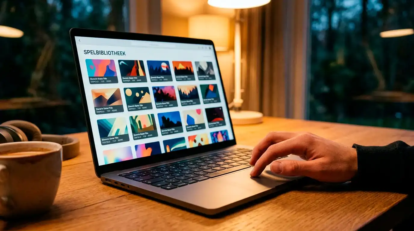 Speltitels gerangschikt in een bibliotheekoverzicht op een laptopscherm