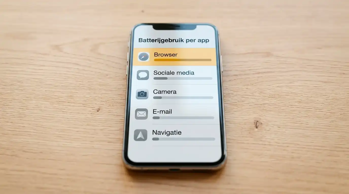 Smartphone met een instellingenscherm dat batterijverbruik per app toont, met een browser-app bovenaan de lijst