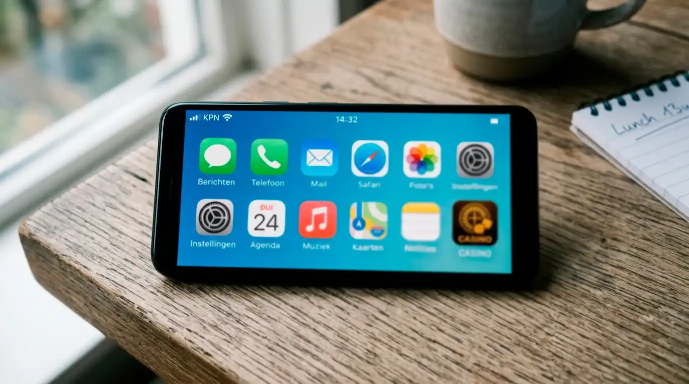 Smartphone homescreen met een snelkoppelingsicoon naar een mobiele casino-website naast andere app-iconen