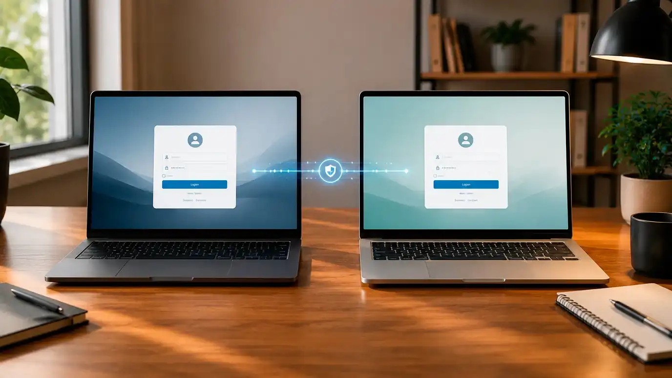 Twee laptops op dezelfde tafel met overlappende verbindingslijnen die detectie van multi-account symboliseren