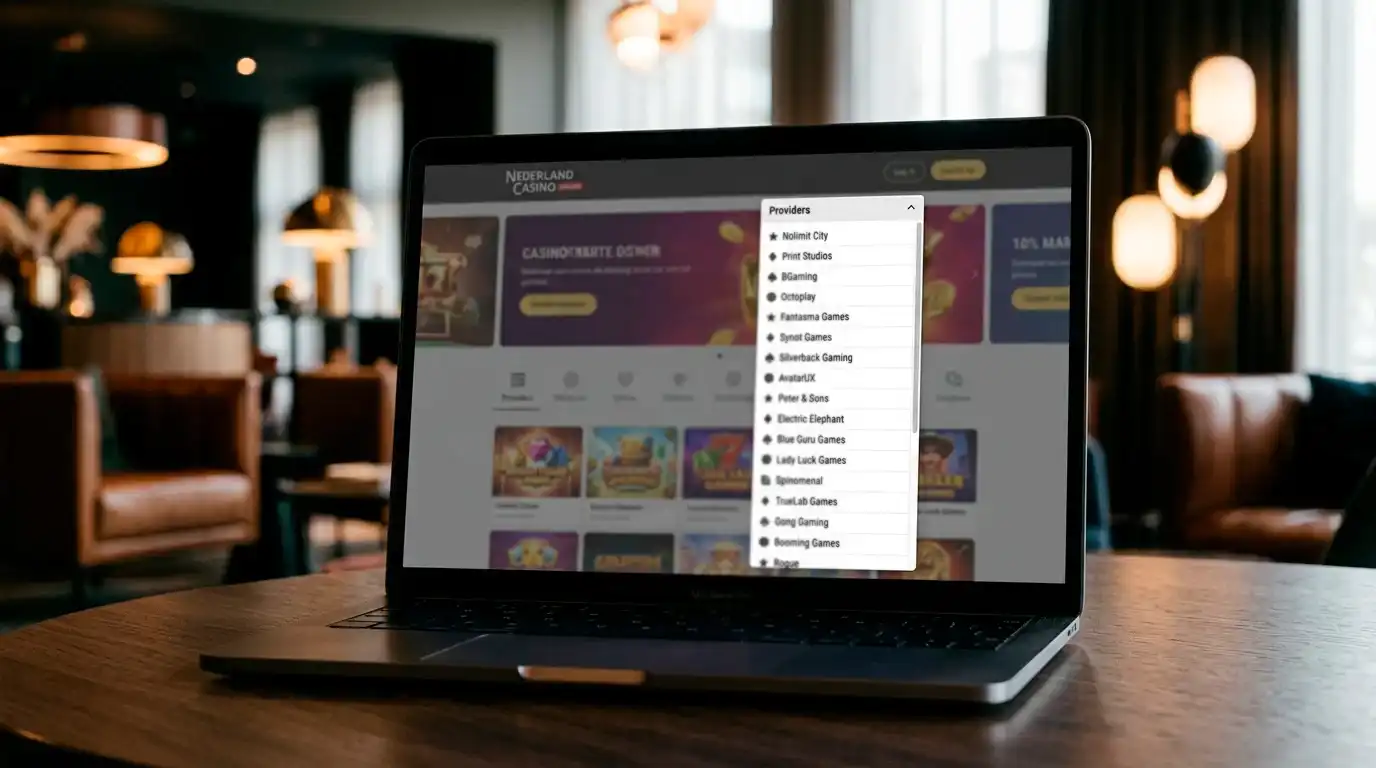 Schermafbeelding van een uitgeklapt providerfilter in een online casino met tientallen minder bekende studionamen onder elkaar