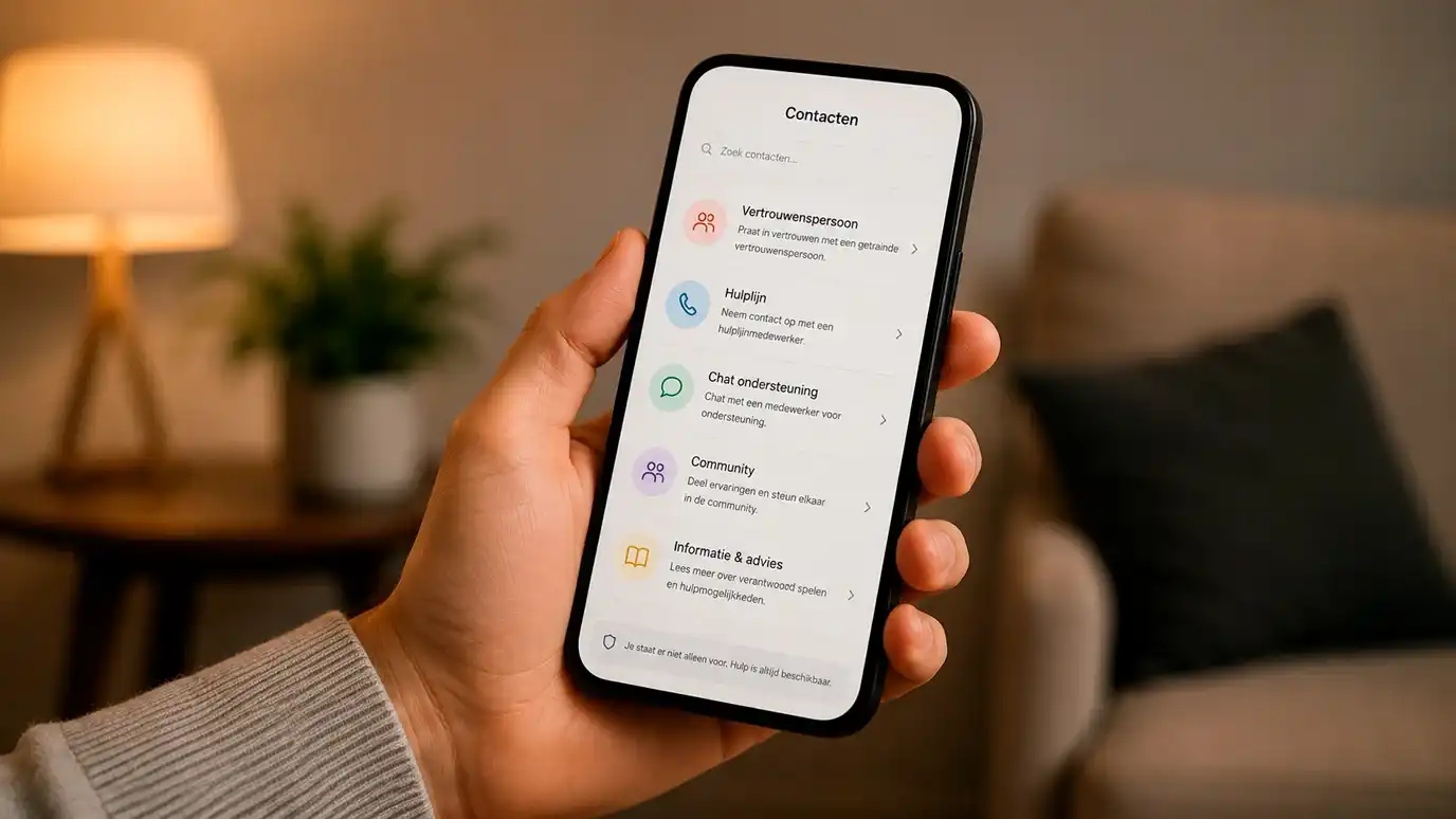 Smartphone in een hand met een open contactenscherm van een hulplijn