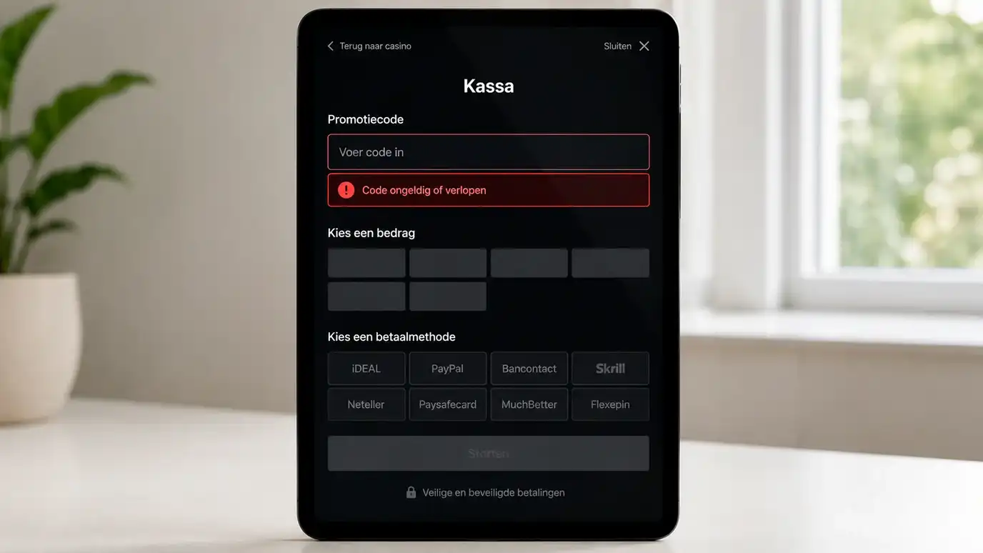 Tablet met een foutmelding 'Code ongeldig of verlopen' onder een leeg promocodeveld in een online casino