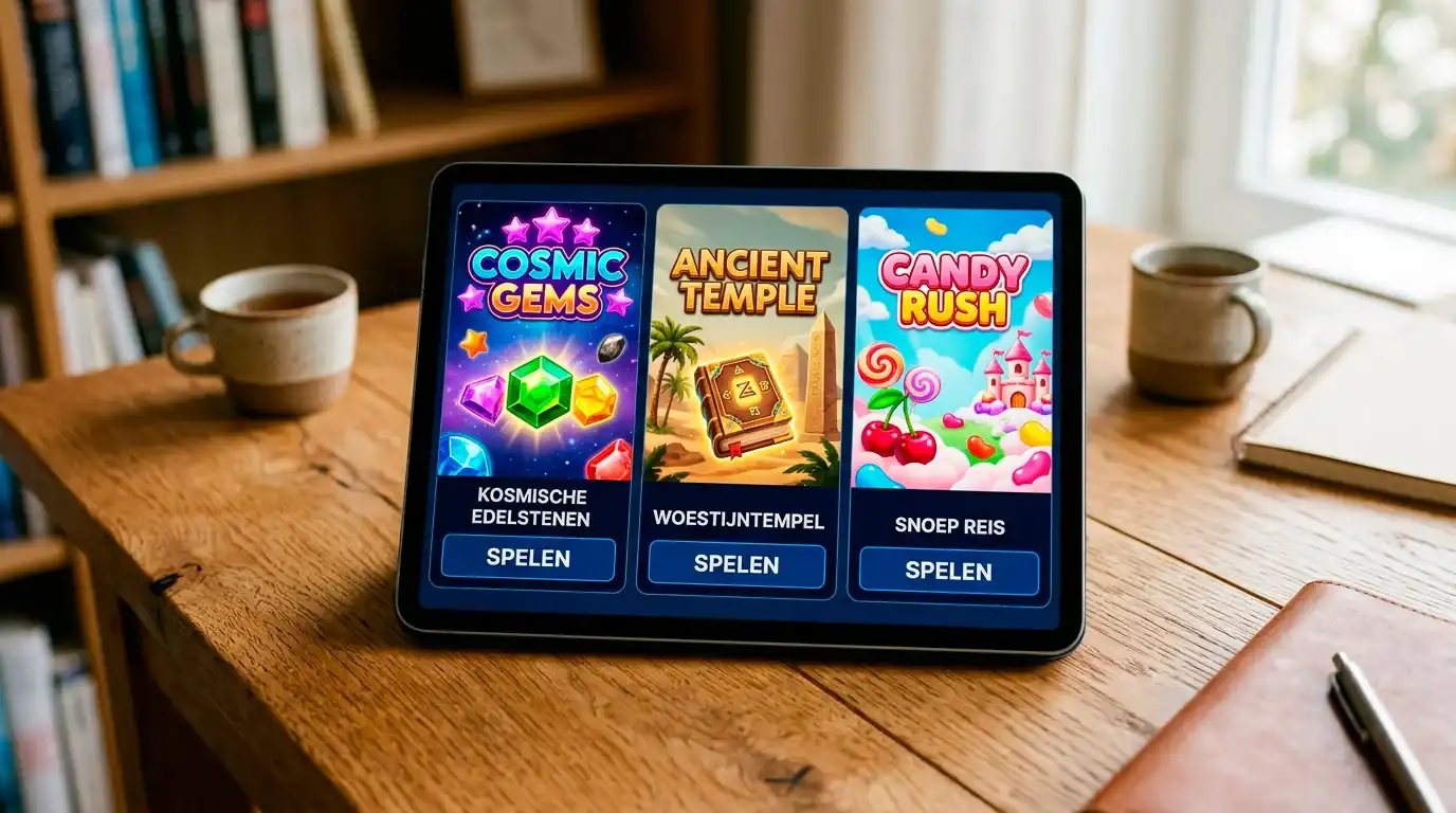 Tablet met thumbnails van populaire online slot-titels zoals een ruimtekleur-thema, een Egyptisch boekthema en een snoepthema