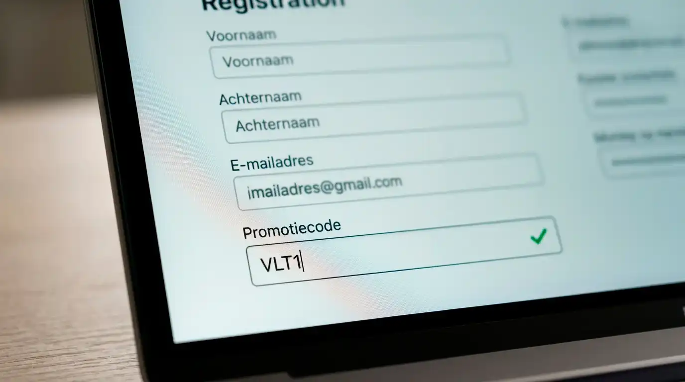 Laptopscherm met een registratieformulier waarop het promocodeveld de tekst 'VLT1' bevat en een bevestigingsicoon
