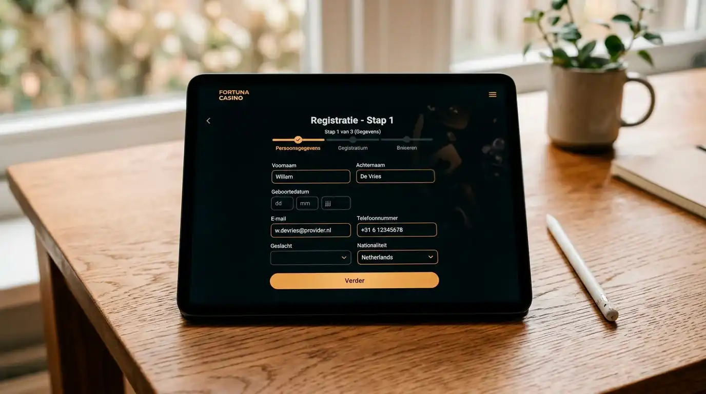 Tablet met een registratieformulier van een online casino met velden voor naam, geboortedatum en e-mailadres