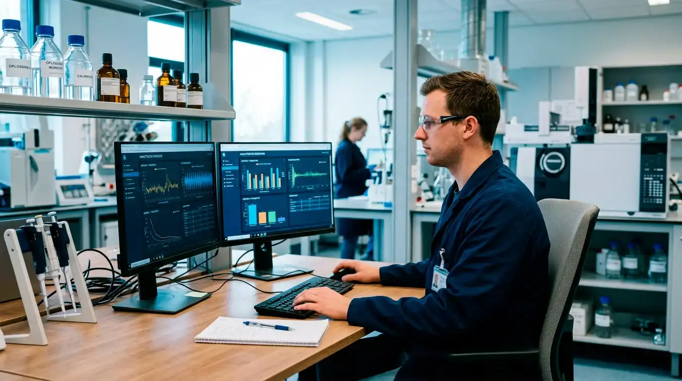 Tester achter een monitor in een onafhankelijk testlaboratorium met meerdere schermen vol diagnostische data