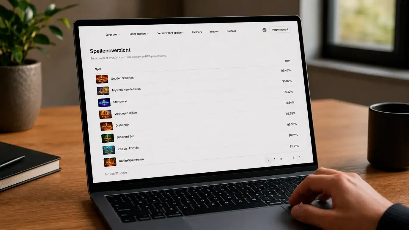 Laptopscherm met een providerpagina die RTP-varianten per slot vermeldt